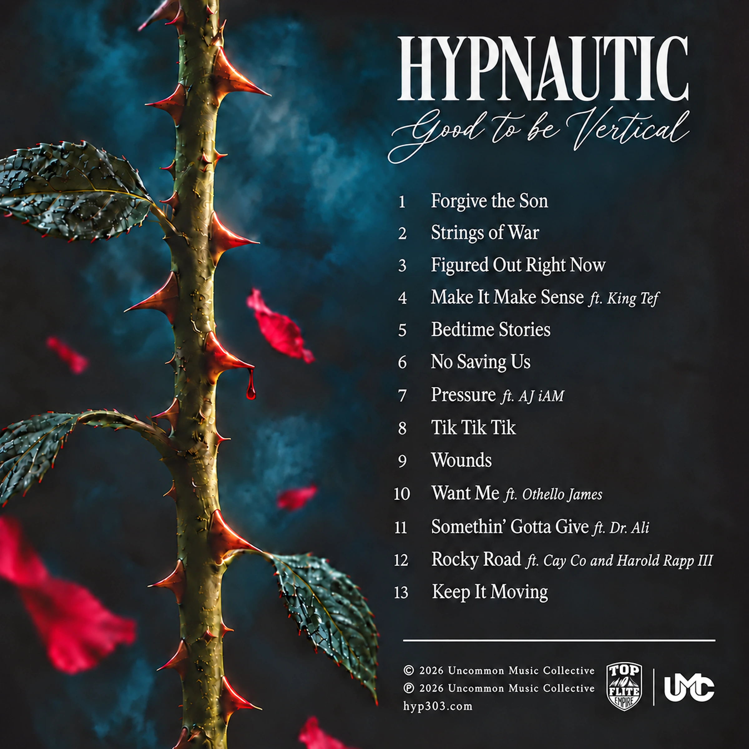 Good To Be Vertical back cover: a thorn-covered rose stem, falling petals and the thirteen-song tracklist